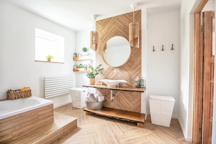 Boho style bathroom interior